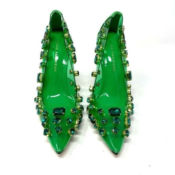 NEW Good American Jeweled Emma summer Green Heels in size 4 - Picture 3 of 9